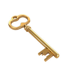 Golden key 3D render icon isolated on white, transparent background, PNG