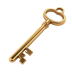 Golden key 3D render icon isolated on white, transparent background, PNG