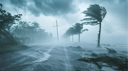 An image depicting the devastation caused by a strong wind hurricane and island flood disaster, requiring emergency response and community preparation.