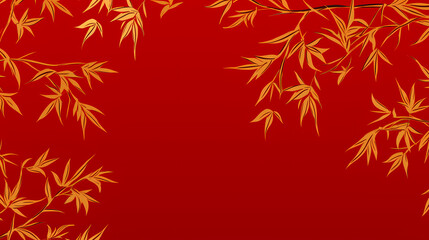Red background, golden bamboo leaves