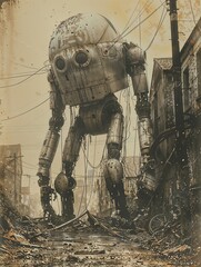 An antique robot with rusted metal parts standing motionless in the center of an empty urban street
