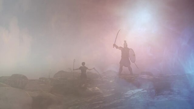 David and Goliath of the biblical story of the confrontation between the giant and the shepherd David 3d render