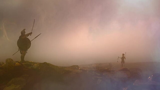 David and Goliath of the biblical story of the confrontation between the giant and the shepherd David 3d render