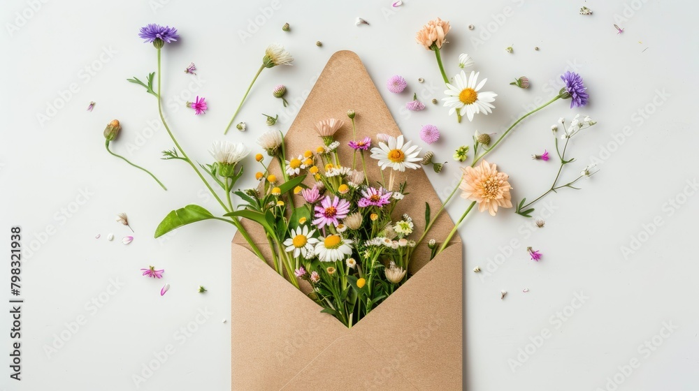 Canvas Prints A stunning collage of summer blooms like asters daisies and bindweed tucked in a rustic brown paper envelope against a crisp white backdrop Perfect for celebrating birthdays or Women s Day 