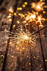 A detailed view of a sparkler burning brightly on a wooden tabletop