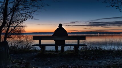 Lonely person sitting on a wooden bench alone at dusk looking at the sunset