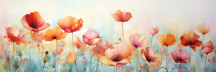 Red and orange poppies watercolor painting. Delicate illustration of red poppies. Aquarelle paper texture visible.