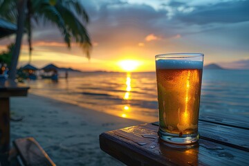 A glass of beer sitting on top of a wooden table next to the ocean at sunset with a palm tree