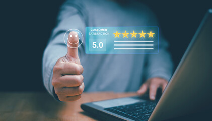 Businessmen thumb up with smiling face and five stars icon to assess satisfaction with product and services, Customer satisfaction and service quality survey, highest level, positive feedback.