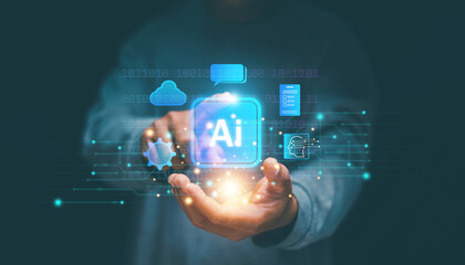 Hand holding virtual AI technology and network equipment icon, Artificial intelligence or AI of...
