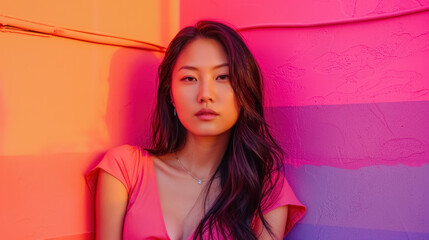 fashion portrait of young asian woman with vibrant pink and orange backdrop