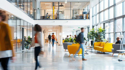 people crowd walking at corporate office, abstract motion blur image, created with generative AI technology