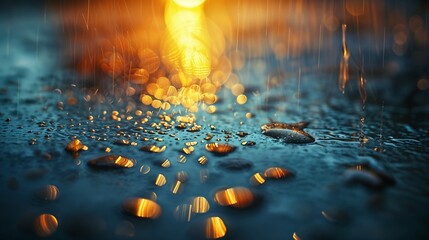 Close-up view of raindrops creating a sheen on the ground, reflecting lights in the distance