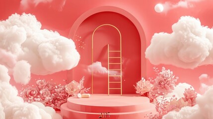 red fantasy world with clouds and a ladder on a podium, a golden door in a pink arch at the background, flowers around, product photography for a cosmetics brand called "2035", 