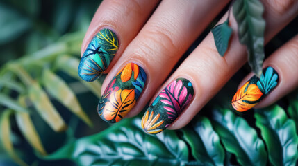 vivid tropical nail art with intricate leaf and floral patterns on a nature-inspired background