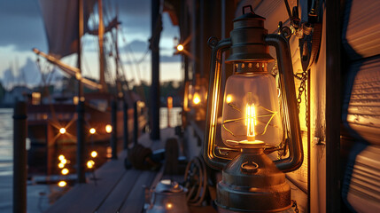 Interior design of an engineer's apartment living room by the dock during blue hour. Warm-colored oil lamps hang on the wall, creating a cozy atmosphere. 