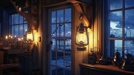 Interior design of an engineer's apartment living room by the dock during blue hour. Warm-colored oil lamps hang on the wall, creating a cozy atmosphere. 