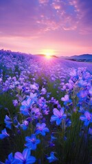 Obraz premium Serene many harebell flower field landscape sunlight outdoors.