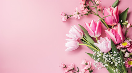 elegant mother's day floral arrangement with pink tulips and copy space for text