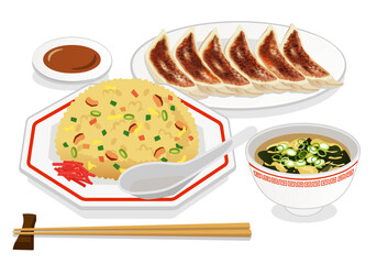 中華料理_炒飯定食_餃子とスープ（背景白）