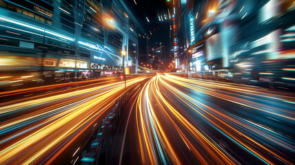 Dynamic urban lights, long exposure reveals swirling trails in the night, an abstract vision of speed and movement in the city