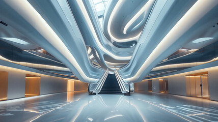 Modern futuristic building interior, showcasing sleek architecture with innovative design elements and ambient lighting