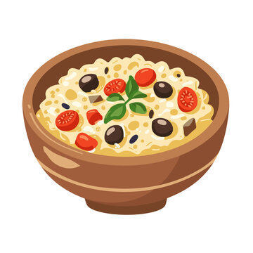 Bowl of dakos or ntakos with olives and tomatoes. Vector illustration