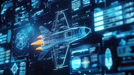  High-tech AI generative projection of a futuristic spacecraft or military air strike design on a glass virtual interface