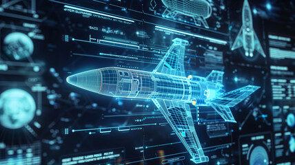  High-tech AI generative projection of a futuristic spacecraft or military air strike design on a glass virtual interface