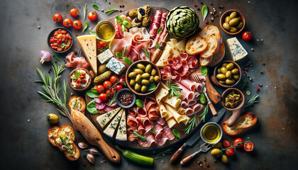 Overhead view of an Italian antipasto platter, featuring cured meats, cheeses, olives, artichokes, bruschetta, and marinated vegetables