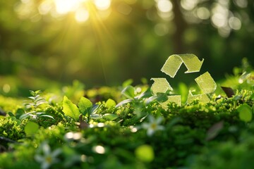 An image of a green recycling symbol resting on lush foliage, backlit by the sun's rays peeking through the canopy of trees, highlighting the concept of sustainability and environmental friendliness - Powered by Adobe