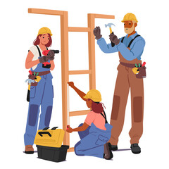 Builder Characters At Work Concept. Diligent Crews Wield Tools, Erect Structures And Craft Spaces, Vector Illustration