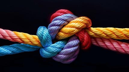 Vivid close-up of colorful rope knots, presenting a lively and textured abstract background