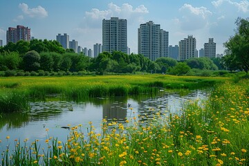 A river with yellow flowers in the foreground and tall buildings in the background in a city park