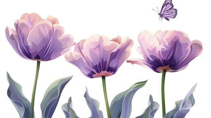 White background, three purple tulips composed of lines, and a butterfly flying over