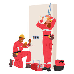 Electrician Characters Repairing And Installing Electrical Wiring System. Workman Fixing Wires And Cables With Tools