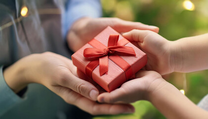 Close-up of People hands exchanging a red gift box, ideal for celebrations and special occasions