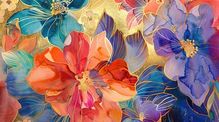 watercolor, ink wash, vibrant colored flowers, gold foil, colorful background, very detailed, in the style of various artists and Alphonse Mucha