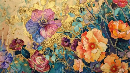 watercolor, ink wash, vibrant colored flowers, gold foil, colorful background, very detailed, in the style of various artists and Alphonse Mucha