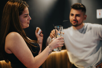 Joyful friends share laughter and drinks during a relaxing evening playing billiards at a local bar.