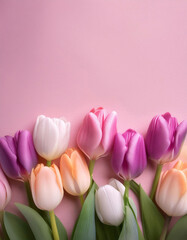 Colorful tulips on pink pastel background. Perfect for spring greetings, invitations