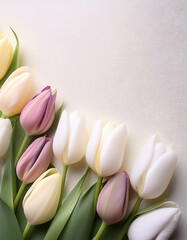 Colorful tulips on light pastel background. Perfect for spring greetings, invitations