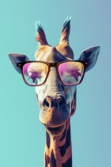 Quirky close-up of a giraffe donning vibrant sunglasses, radiating a playful and whimsical charm