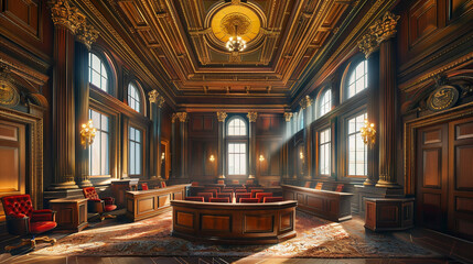 
Imagine stepping into the grandeur of a historic San Francisco courthouse. The interior is bathed in the soft, natural light filtering through large, arched windows, casting gentle shadows - obrazy, fototapety, plakaty
