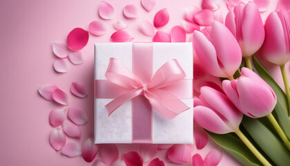 Pink tulips, a gift box, and scattered petals on a soft pink background, celebrations for mother’s day or valentine’s day. Flat lay.