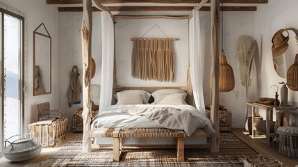 Farmhouse rustic interior bedroom boho style design. Living room mockup furnishing styling for real estate architecture planning