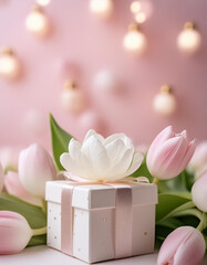 A gift box, a white flower on top, pink tulips and lights, for celebrations and anniversaries.