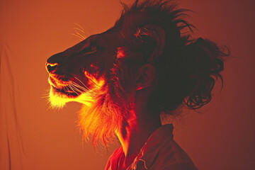 Enigmatic Woman with Lion's Head in Front of Blowing Hair Against Vibrant Orange Background