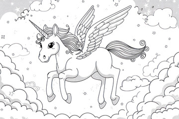 Cute unicorn with wings flying in the sky. Coloring book page for children.