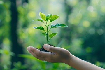 An image of a hand cradling a young plant with delicate care, set against a soft-focus background of greenery that conveys a message of growth, nurturing, and environmental responsibility